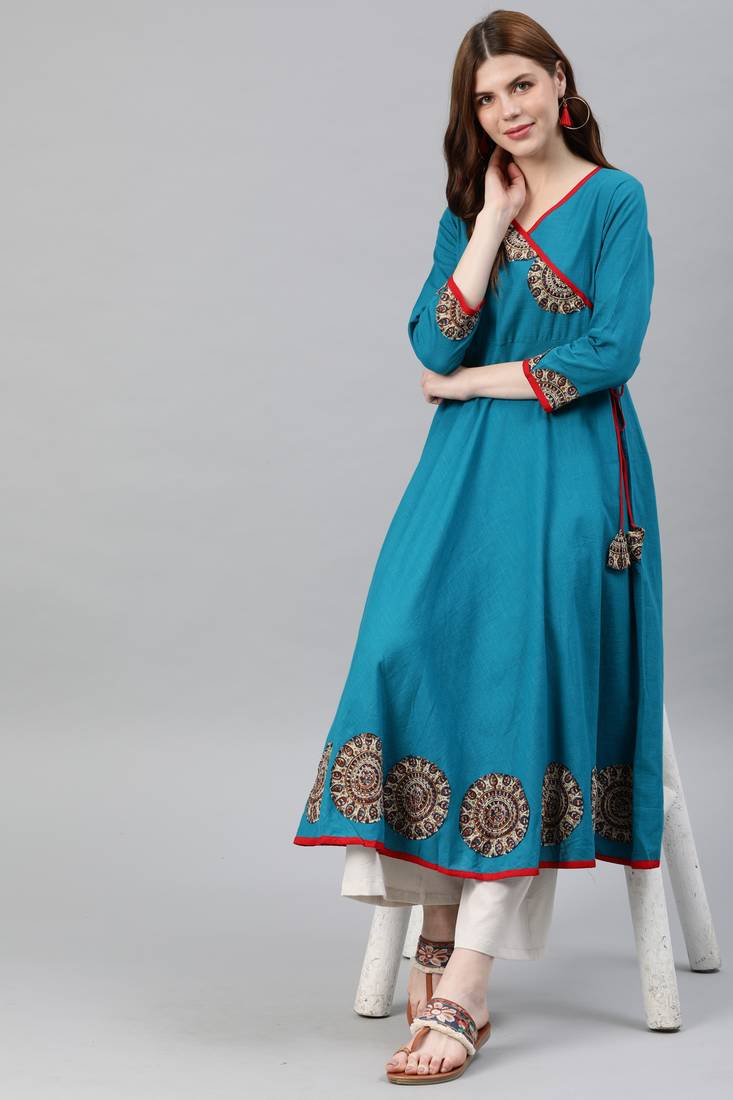 Women'S Cotton Slub Patch Work Angrakha Kurta (Teal)