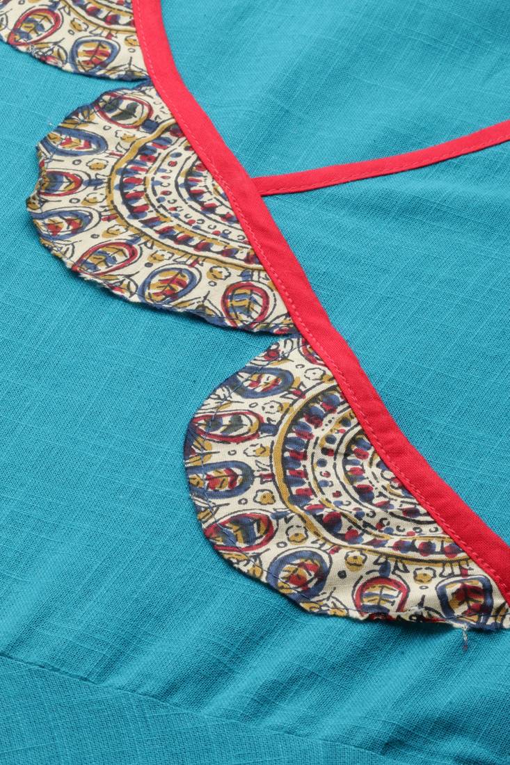 Women'S Cotton Slub Patch Work Angrakha Kurta (Teal)
