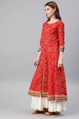 Womens Cotton Bandhej Print Anarkali Kurta (Red) 2