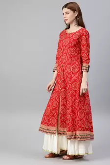 Womens Cotton Bandhej Print Anarkali Kurta (Red)