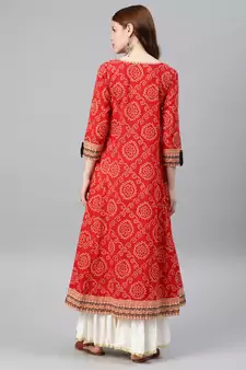 Womens Cotton Bandhej Print Anarkali Kurta (Red)