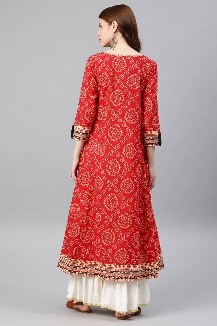 Womens Cotton Bandhej Print Anarkali Kurta (Red)