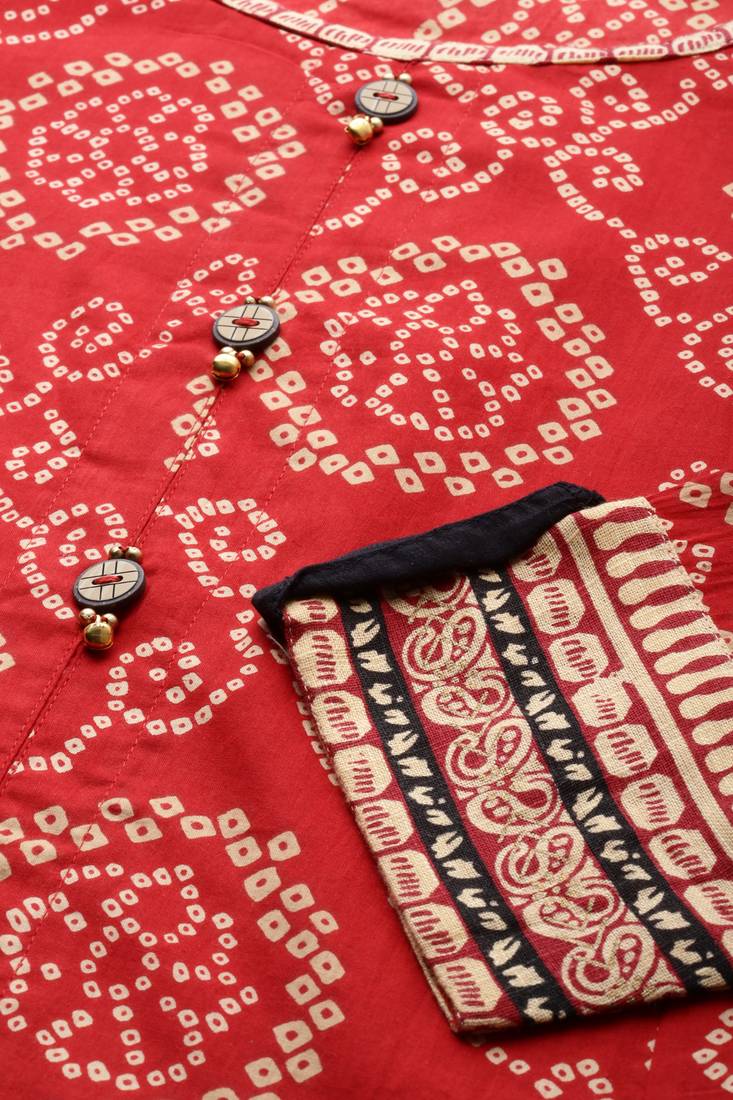 Womens Cotton Bandhej Print Anarkali Kurta (Red)