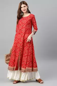 Womens Cotton Bandhej Print Anarkali Kurta (Red)