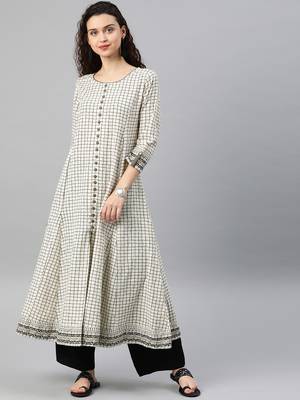 Women'S Cotton Slub Checks Print Anarkali Kurta (White) 1