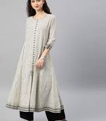 Women'S Cotton Slub Checks Print Anarkali Kurta (White)