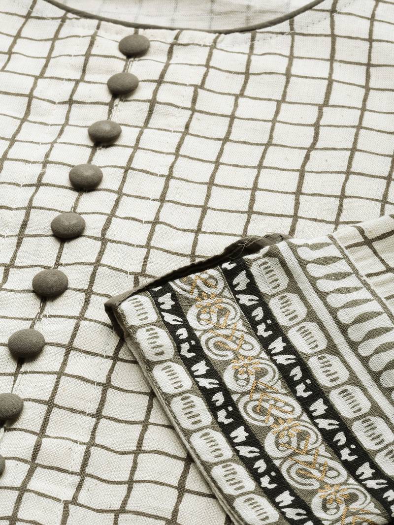 Women'S Cotton Slub Checks Print Anarkali Kurta (White)