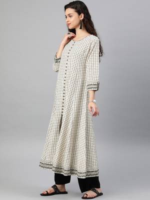 Women'S Cotton Slub Checks Print Anarkali Kurta (White) 3
