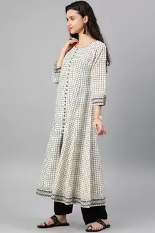 Women'S Cotton Slub Checks Print Anarkali Kurta (White)