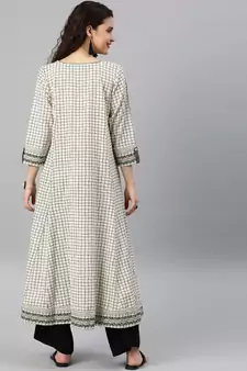 Women'S Cotton Slub Checks Print Anarkali Kurta (White)