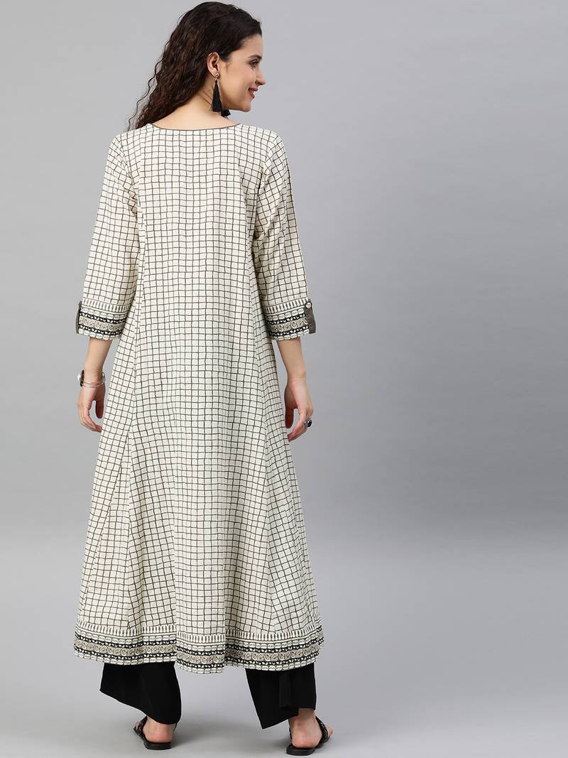Women'S Cotton Slub Checks Print Anarkali Kurta (White)