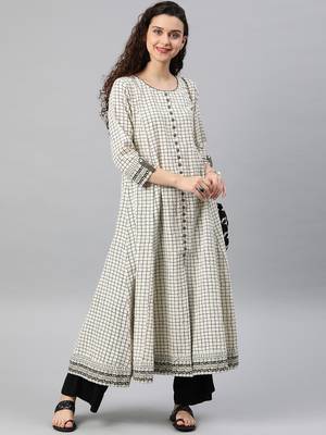 Women'S Cotton Slub Checks Print Anarkali Kurta (White) 5