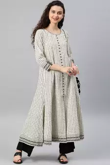 Women'S Cotton Slub Checks Print Anarkali Kurta (White)