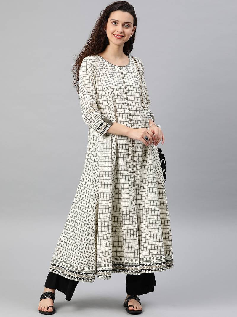 Women'S Cotton Slub Checks Print Anarkali Kurta (White)