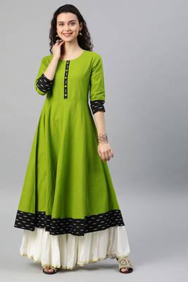 Women'S Cotton Slub Printed Anarkali Kurta (Green) 1