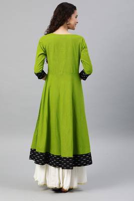 Women'S Cotton Slub Printed Anarkali Kurta (Green) 4