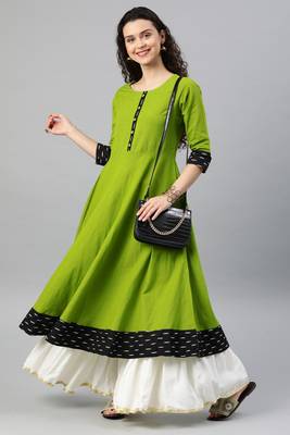 Women'S Cotton Slub Printed Anarkali Kurta (Green) 5