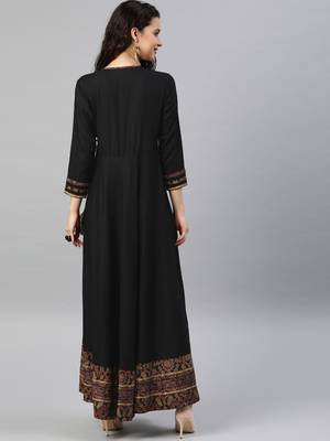Women'S Rayon Printed Angrakha Style Anarkali Kurta (Black) 2