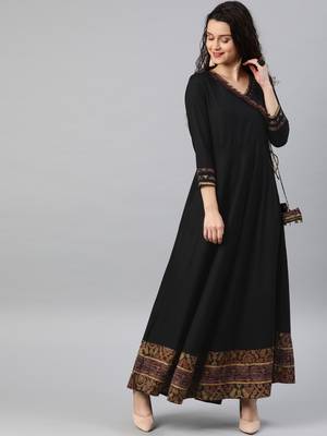 Women'S Rayon Printed Angrakha Style Anarkali Kurta (Black) 3