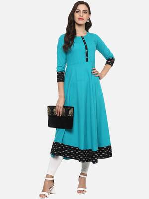 Women'S Cotton Printed Anarkali Kurta (Firozi) 1