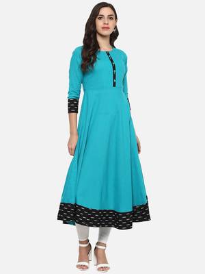 Women'S Cotton Printed Anarkali Kurta (Firozi) 2