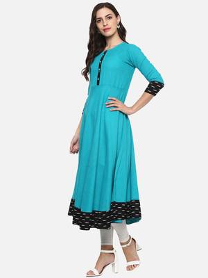 Women'S Cotton Printed Anarkali Kurta (Firozi) 3
