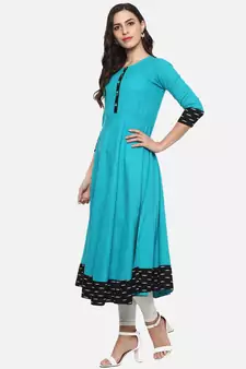 Women'S Cotton Printed Anarkali Kurta (Firozi)