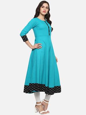 Women'S Cotton Printed Anarkali Kurta (Firozi) 4