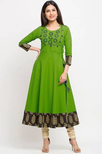 Green Cotton embroidered Anarkali Kurta