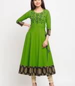 Green Cotton embroidered Anarkali Kurta