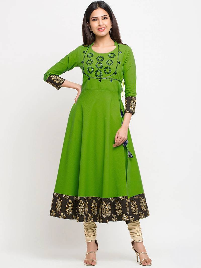 Green Cotton embroidered Anarkali Kurta