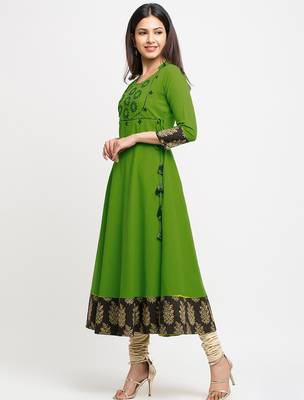 Green Cotton embroidered Anarkali Kurta 2