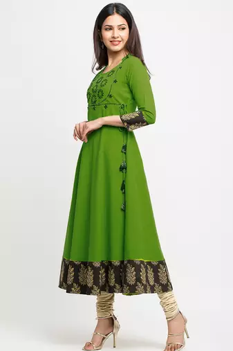 Green Cotton embroidered Anarkali Kurta