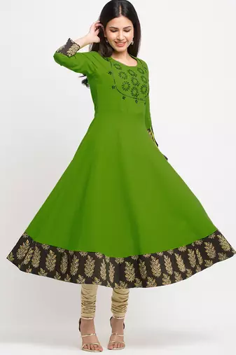 Green Cotton embroidered Anarkali Kurta