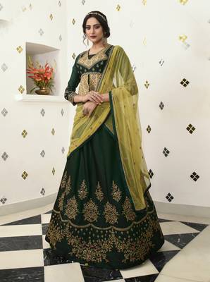 Dark Green Embroidered Silk Semi Stitched Lehenga 1