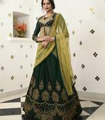 Dark Green Embroidered Silk Semi Stitched Lehenga