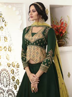 Dark Green Embroidered Silk Semi Stitched Lehenga 2