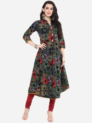 Womens Cotton Printed Anarkali Kurta (Black) 1