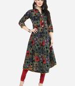 Womens Cotton Printed Anarkali Kurta (Black)
