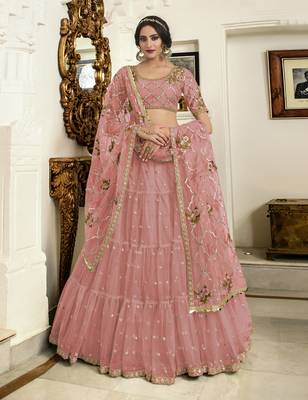 Pink Embroidered Net Semi Stitched Lehenga 1