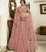 Pink Embroidered Net Semi Stitched Lehenga