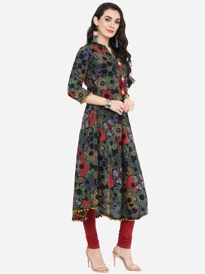 Womens Cotton Printed Anarkali Kurta (Black) 2