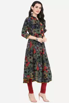 Womens Cotton Printed Anarkali Kurta (Black)