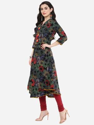 Womens Cotton Printed Anarkali Kurta (Black) 3