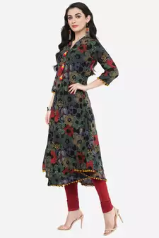 Womens Cotton Printed Anarkali Kurta (Black)