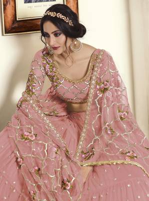 Pink Embroidered Net Semi Stitched Lehenga 2