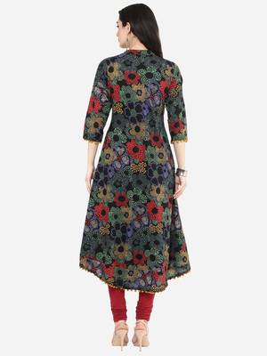 Womens Cotton Printed Anarkali Kurta (Black) 4