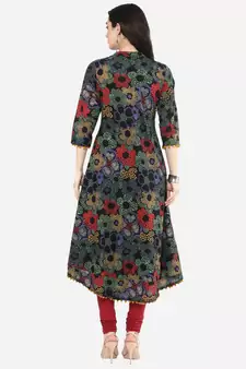 Womens Cotton Printed Anarkali Kurta (Black)