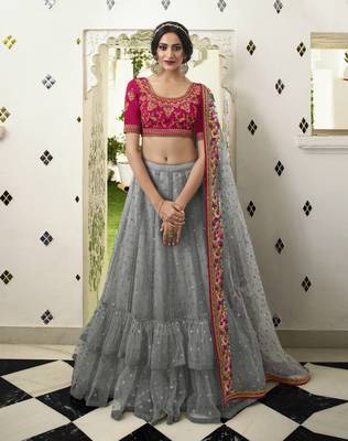 Grey Embroidered Net Semi Stitched Lehenga 1