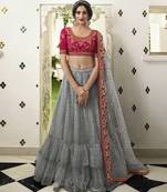 Grey Embroidered Net Semi Stitched Lehenga